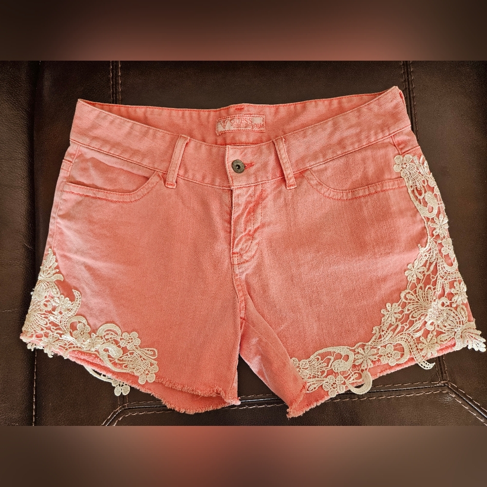 Vintage GUESS ? Women's Shorts Wash Orange with White Crochet Size 30